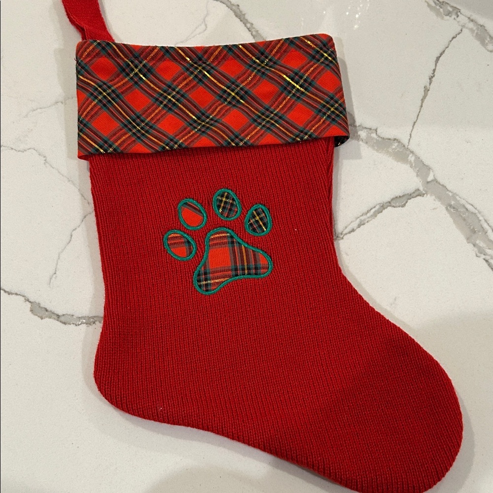 Red Plaid Christmas Stocking with Paw Print